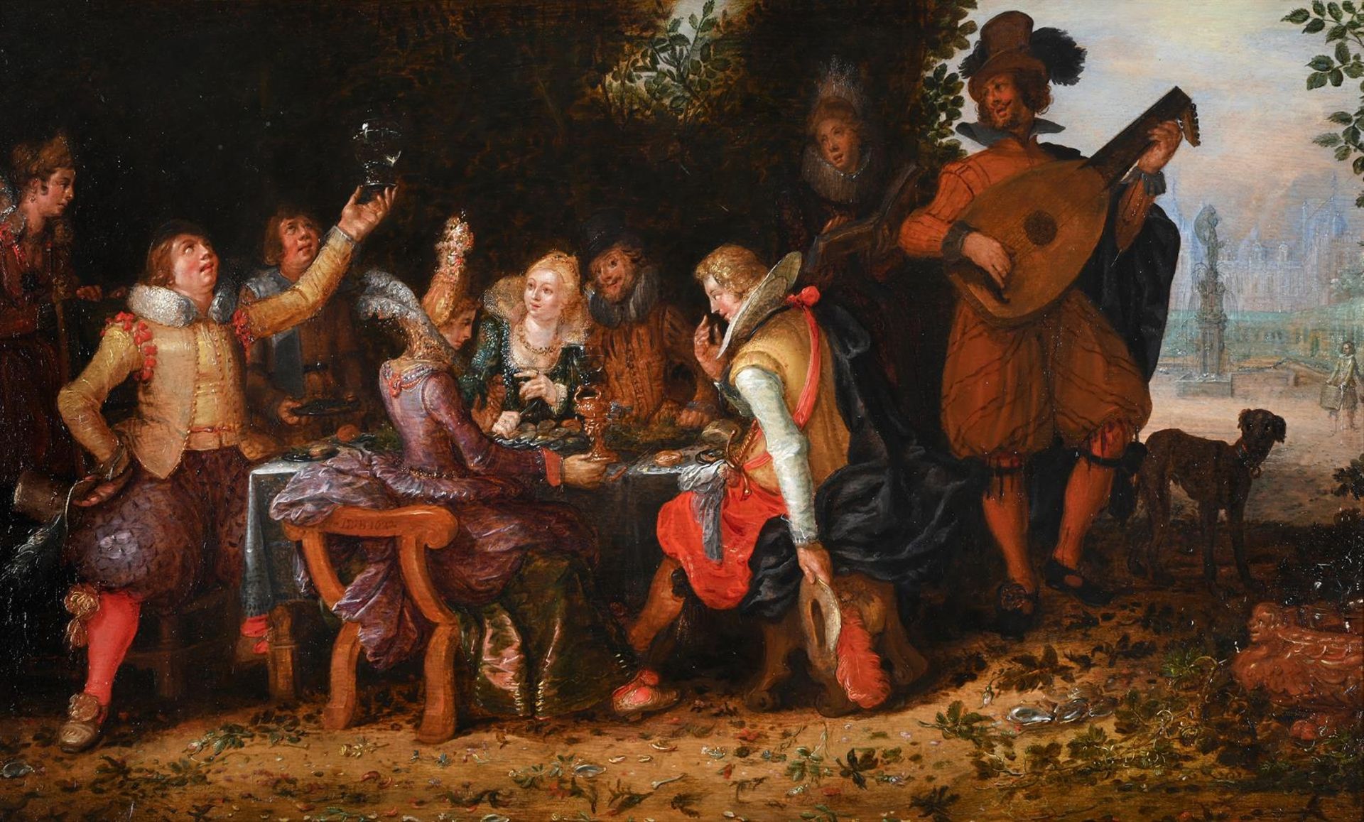 DAVID VINCKBOONS (DUTCH 1576 - 1632/33), ELEGANT COMPANY FEASTING WITH MUSICIANS BENEATH AN ARBOUR