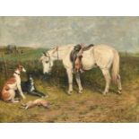 JOHN EMMS (BRITISH 1844-1912), A GREY PONY WITH TWO GREYHOUNDS AND A HARE
