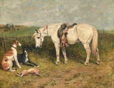 JOHN EMMS (BRITISH 1844-1912), A GREY PONY WITH TWO GREYHOUNDS AND A HARE
