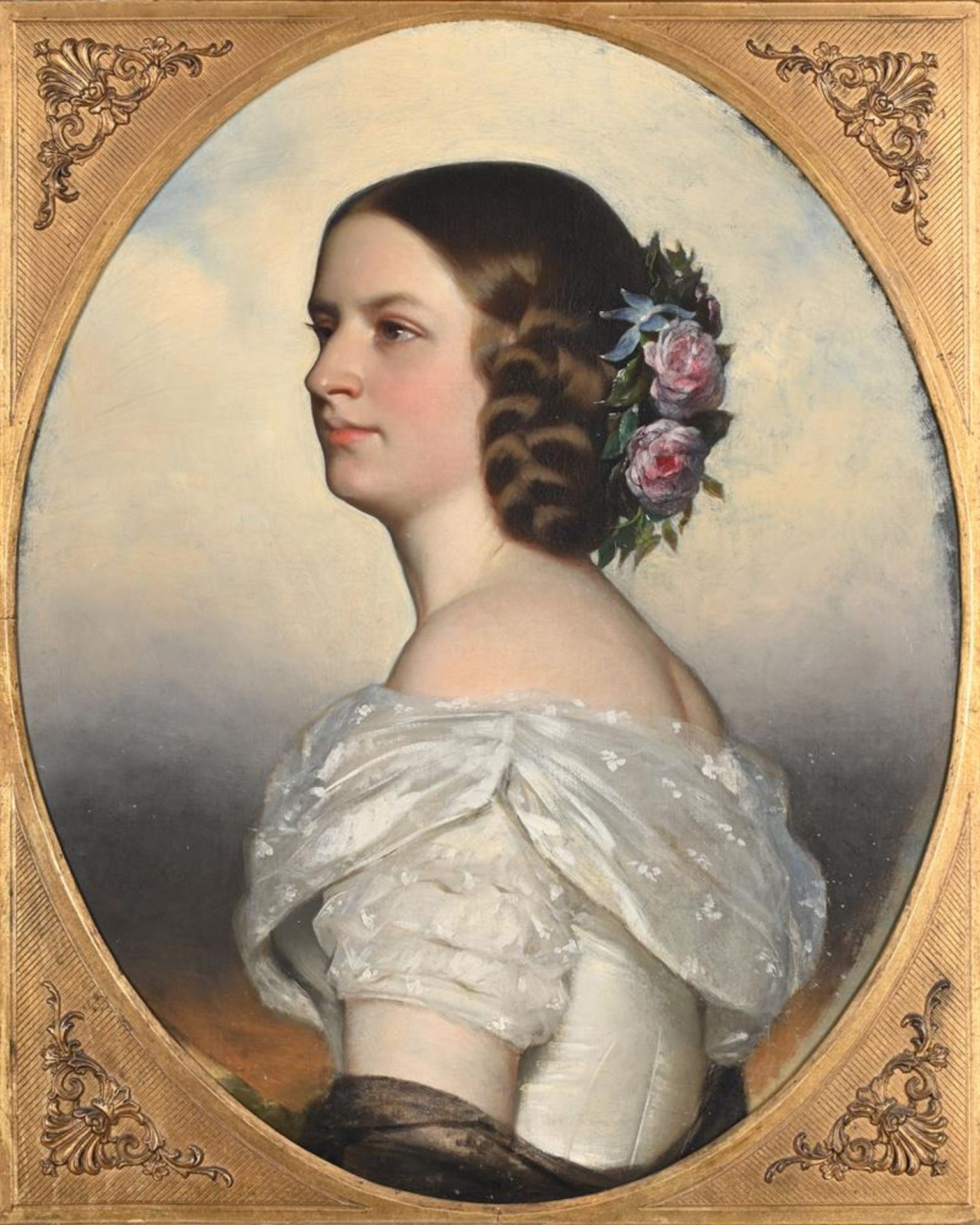 BRITISH SCHOOL (19TH CENTURY), PORTRAIT OF A LADY IN A WHITE DRESS - Image 2 of 3