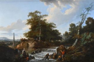 JEAN-BAPTISTE LE PRINCE (FRENCH 1734-1781), FISHERFOLK LAYING NETS BY A WATERFALL