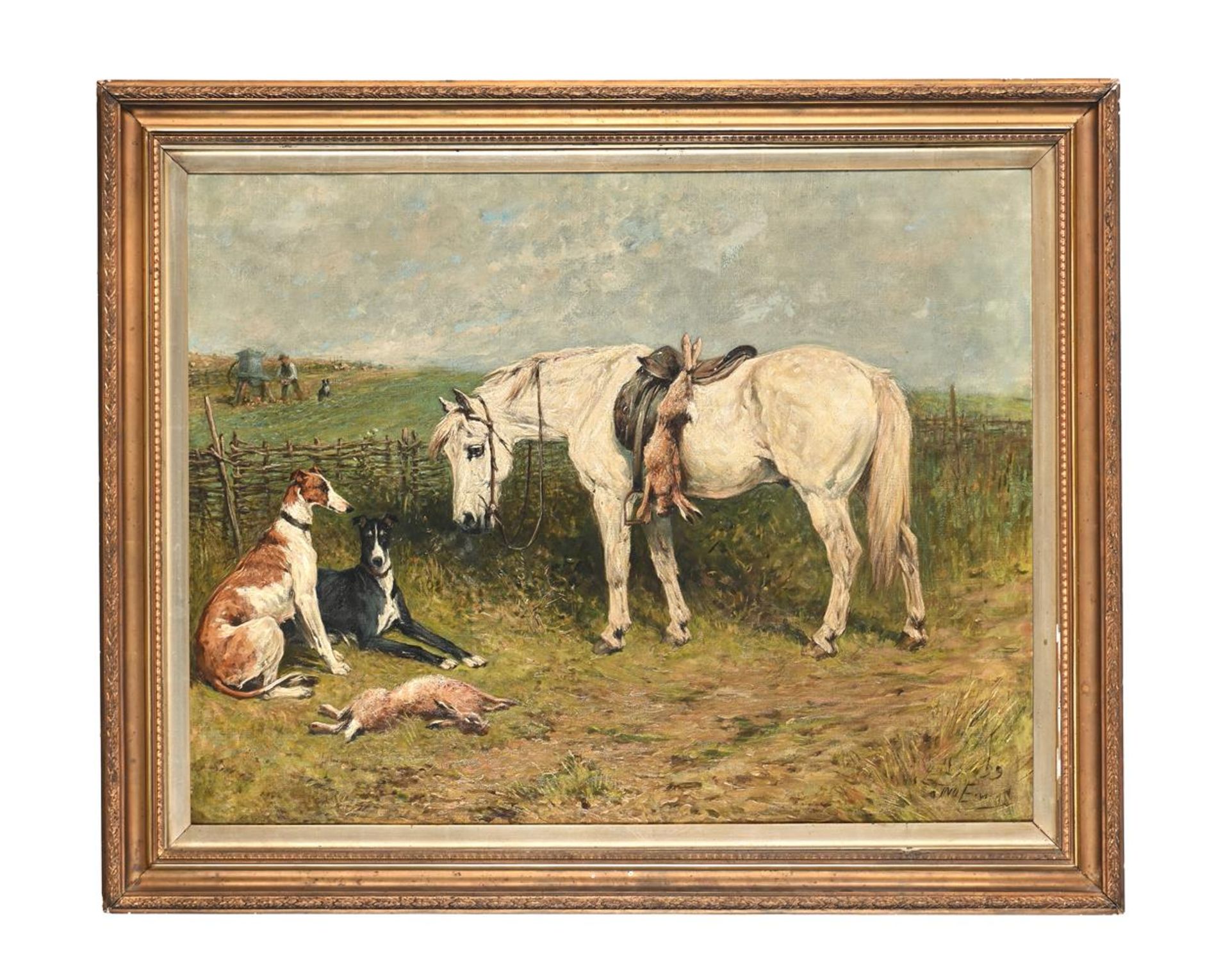 JOHN EMMS (BRITISH 1844-1912), A GREY PONY WITH TWO GREYHOUNDS AND A HARE - Image 2 of 3