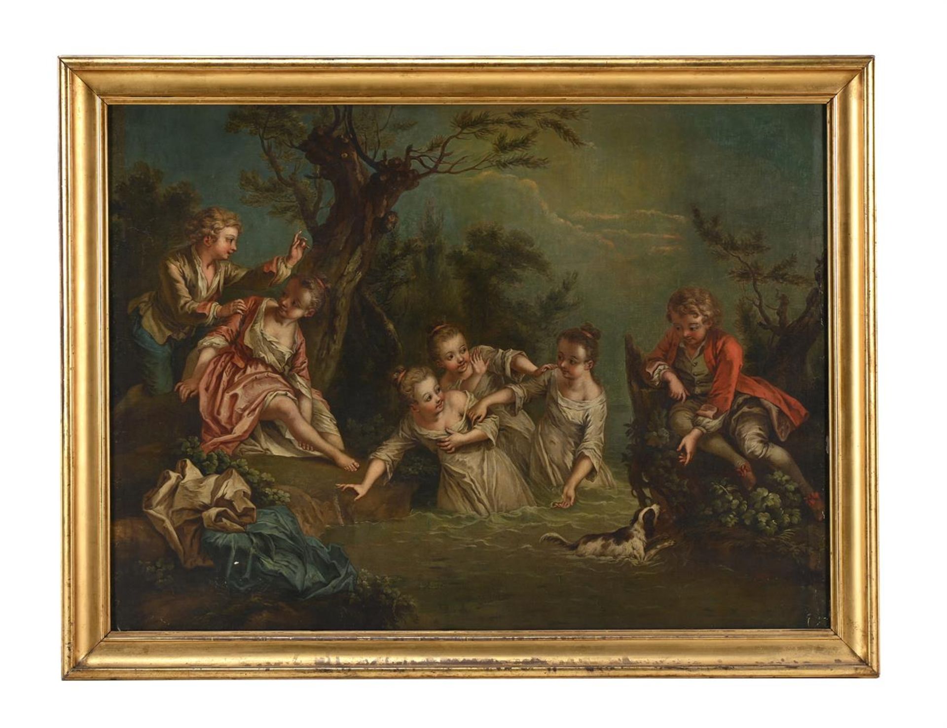 FOLLOWER OF NICOLAS LANCRET, CHILDREN PLAYING WITH A SPANIEL IN A STREAM - Image 2 of 3