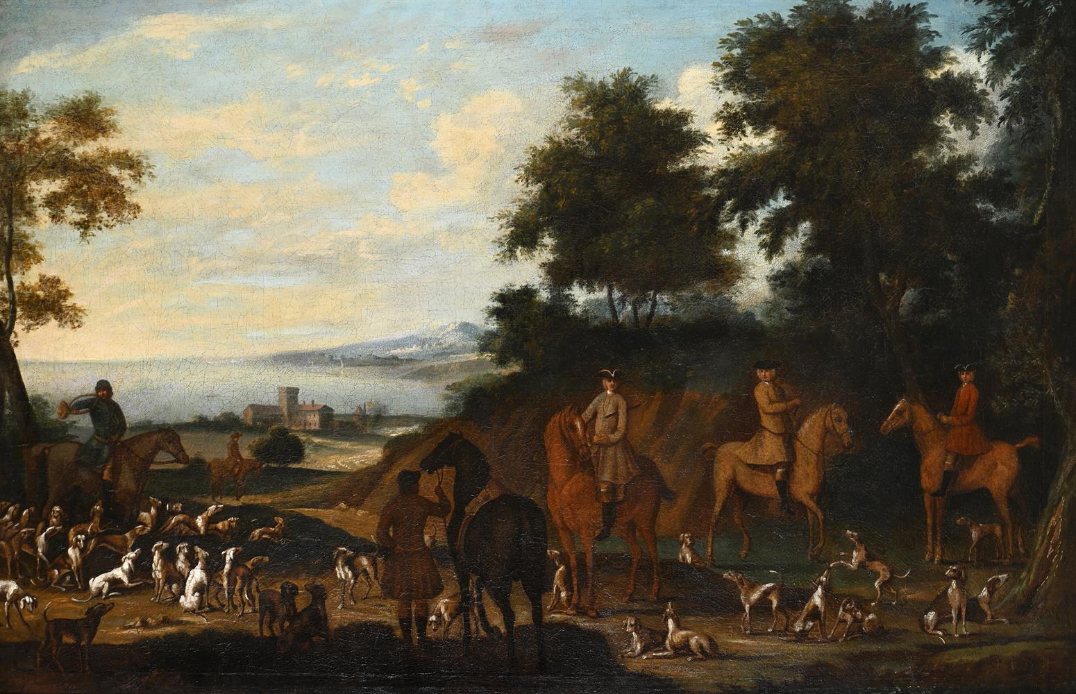 ATTRIBUTED TO JAMES ROSS (BRITISH CIRCA 1700-1760), A GROUP OF MOUNTED SPORTSMEN WITH HOUNDS