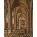 ATTRIBUTED TO PIETER NEEFS II (DUTCH 1620-1675), AN INTERIOR OF A CHURCH WITH PEOPLE PRAYING