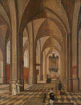 ATTRIBUTED TO PIETER NEEFS II (DUTCH 1620-1675), AN INTERIOR OF A CHURCH WITH PEOPLE PRAYING