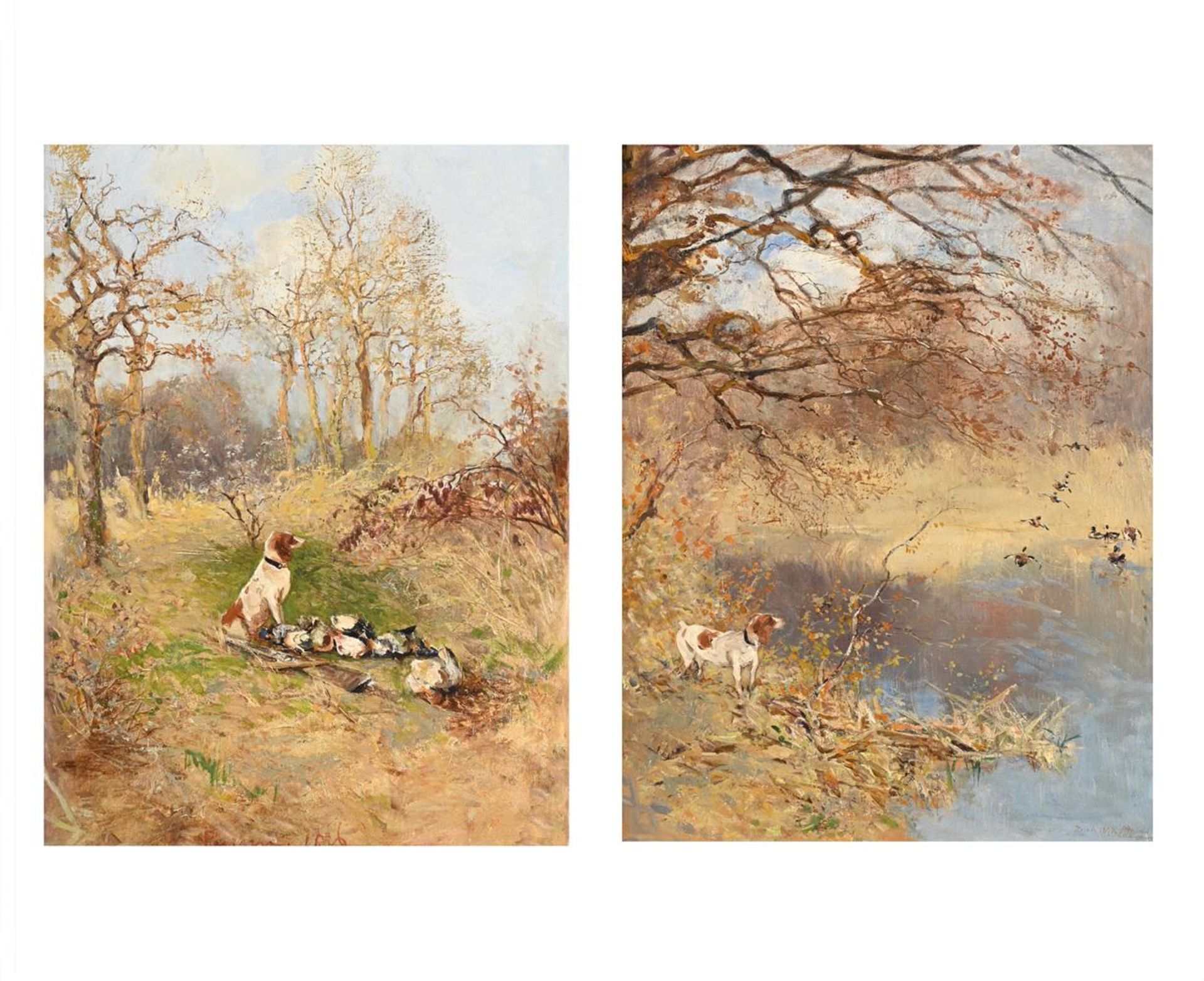 ALFREDO PARIANA (ITALIAN 1876-1931), A GUNDOG WATCHING DUCKS; A GUNDOG WITH HIS CATCH (2)