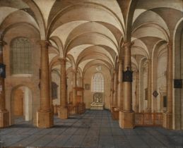 FOLLOWER OF PIETER NEEFS II, AN INTERIOR OF A CHURCH WITH A TOMB AT THE CENTRE