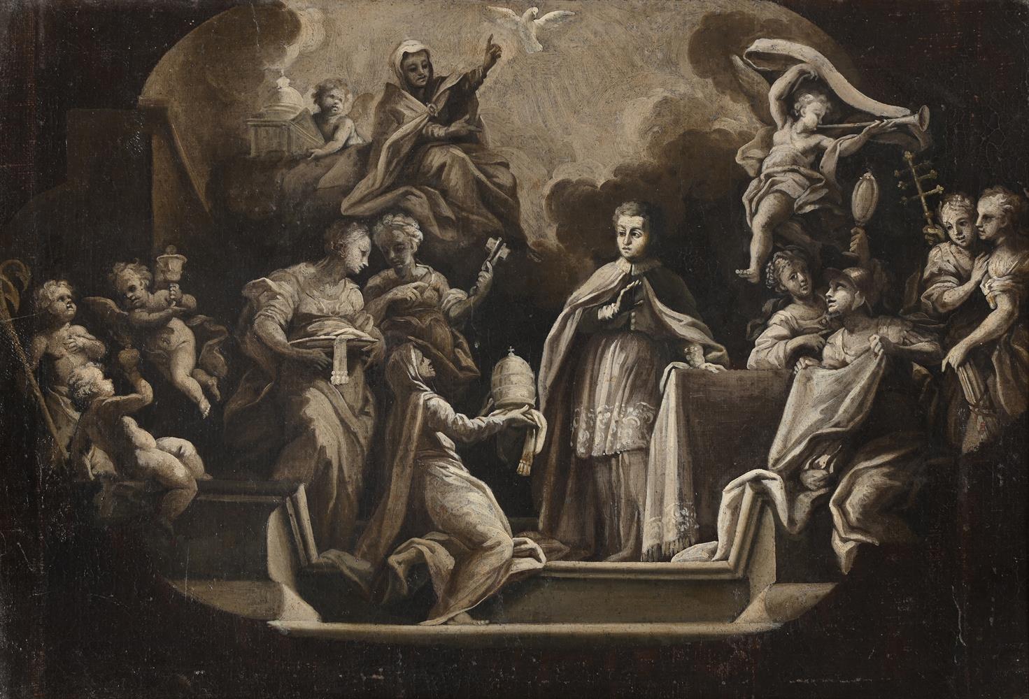 ITALIAN SCHOOL (18TH CENTURY), THE ANNOINTING OF A NEW POPE WITH ALLEGORICAL FIGURES