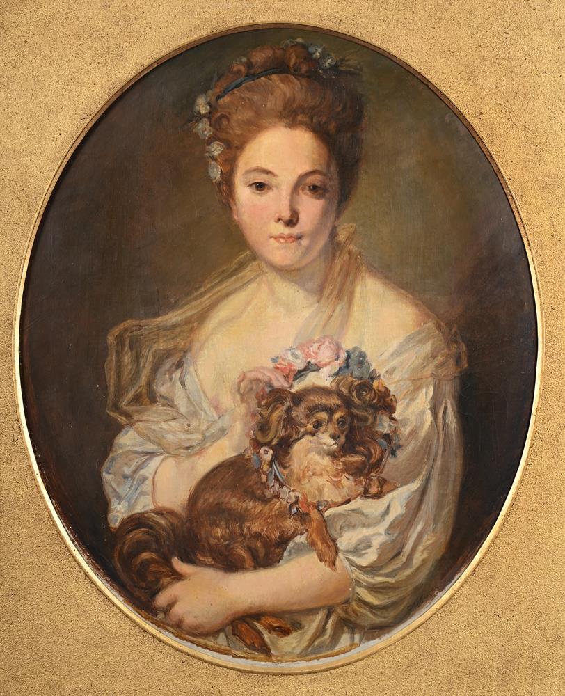 MARIE FELIX HIPPOLYTE LUCAS (FRENCH 1854-1925), PORTRAIT OF A YOUNG LADY HOLDING A DOG