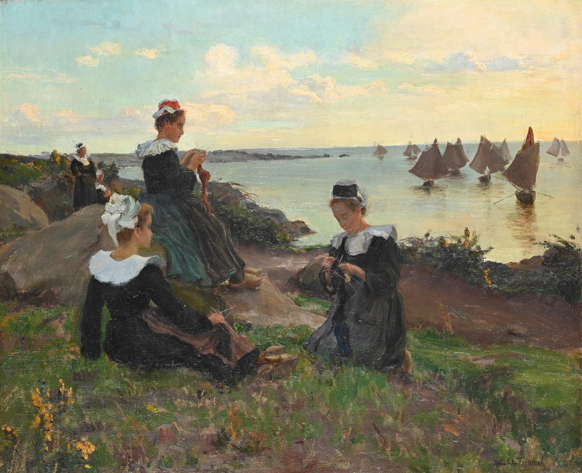 ALFRED-VICTOR FOURNIER (FRENCH 1872-1924), YOUNG BRETONS KNITTING BY THE SEA