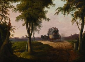 FOLLOWER OF PHILIP JAMES DE LOUTHERBOURG, LANDSCAPE WITH A STAGE COACH