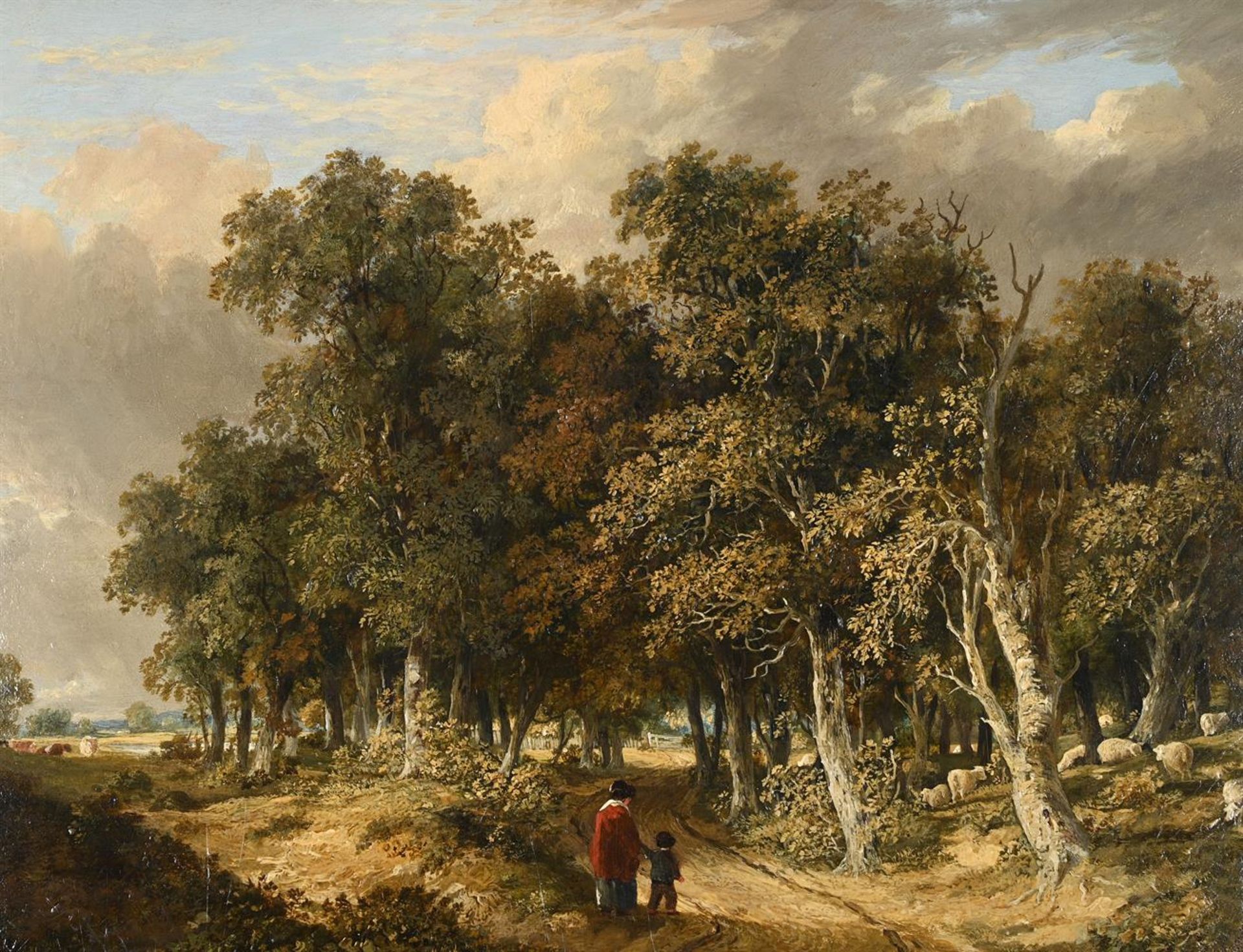 JAMES STARK (BRITISH 1794-1859), WOODED LANDSCAPE WITH A MOTHER AND CHILD ON A TRACK
