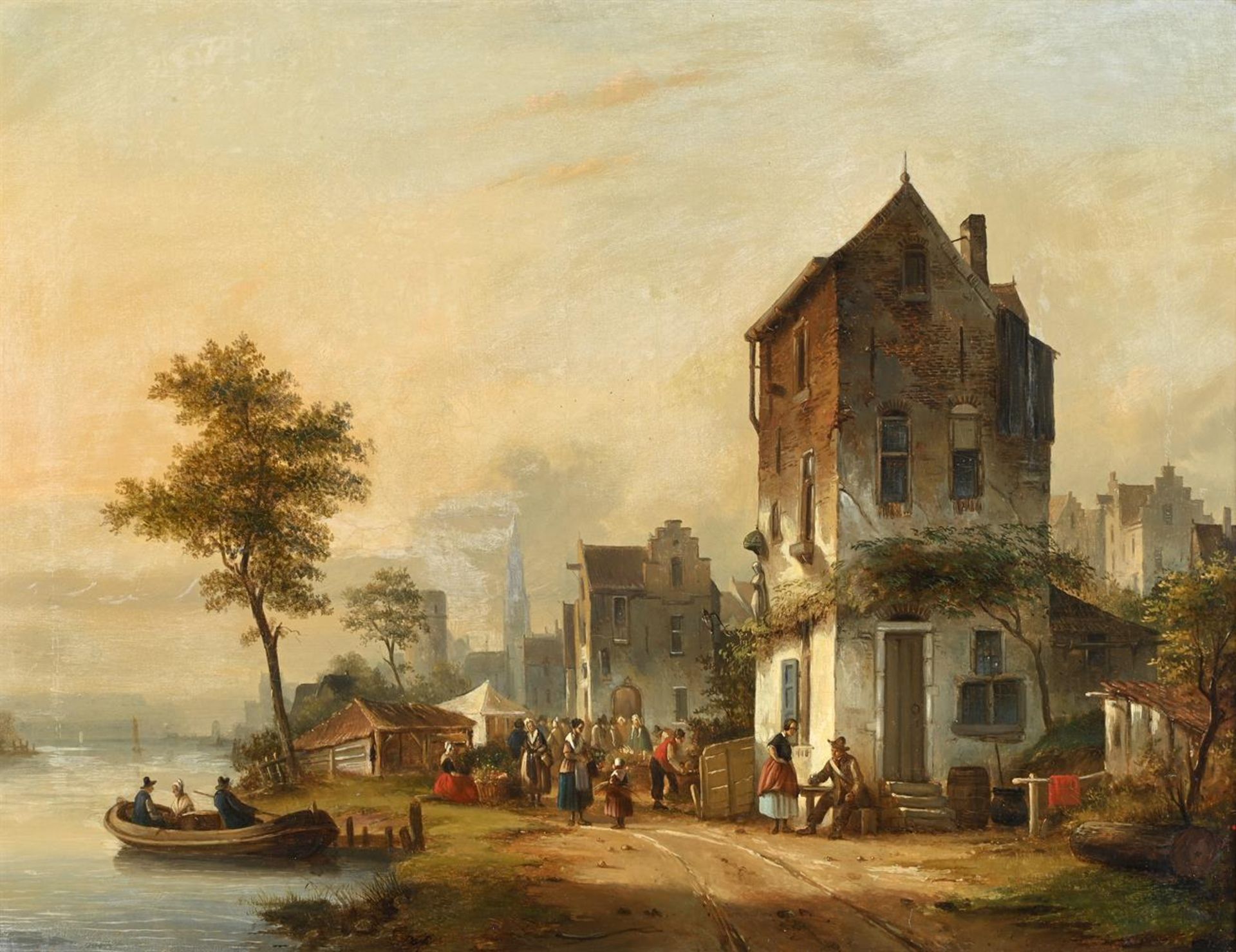 FOLLOWER OF ADRIANUS EVERSEN, VIEW OF A TOWN WITH FIGURES BY A RIVER