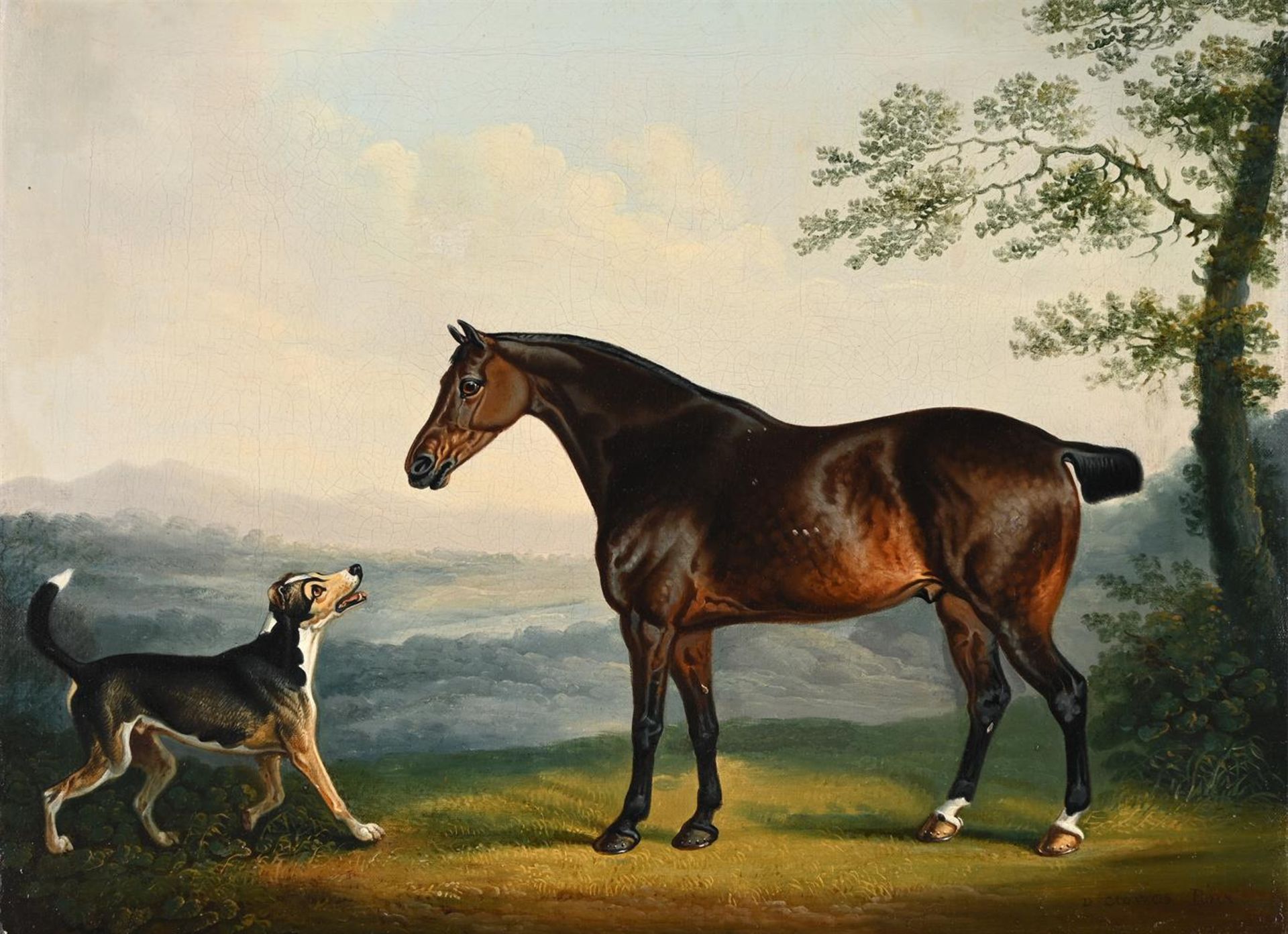 DANIEL CLOWES (BRITISH 1774-1829), A HORSE WITH A HOUND IN A WOODED LANDSCAPE