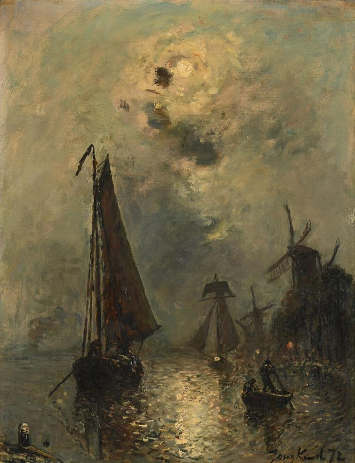 JOHAN-BARTHOLD JONGKIND (DUTCH 1819-1891), MOONLIT CANAL SCENE WITH BARGES SAILING BY A WINDMILL