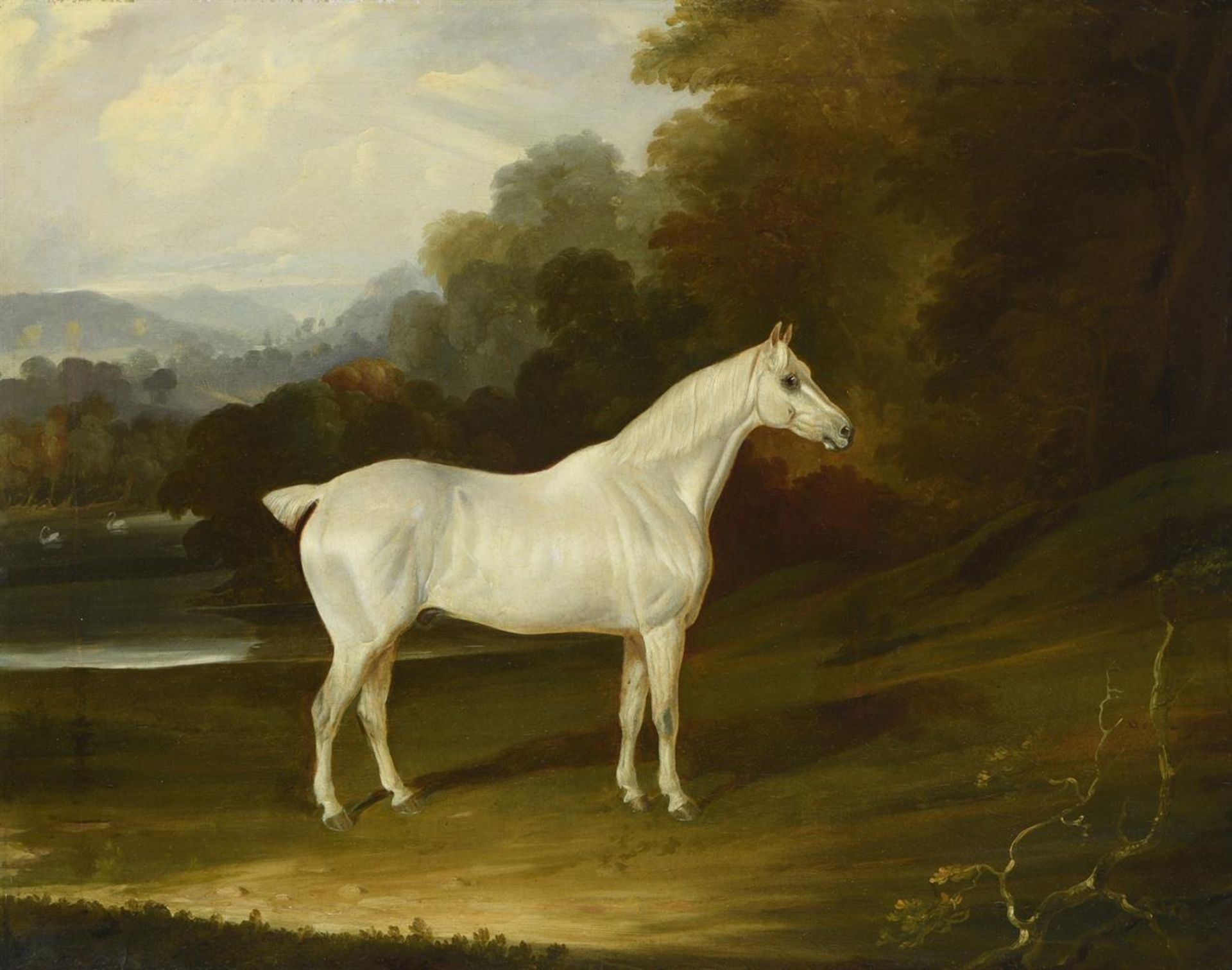 ATTRIBUTED TO GEORGE GARRARD (BRITISH 1760-1826), A GREY HUNTER IN A LANDSCAPE