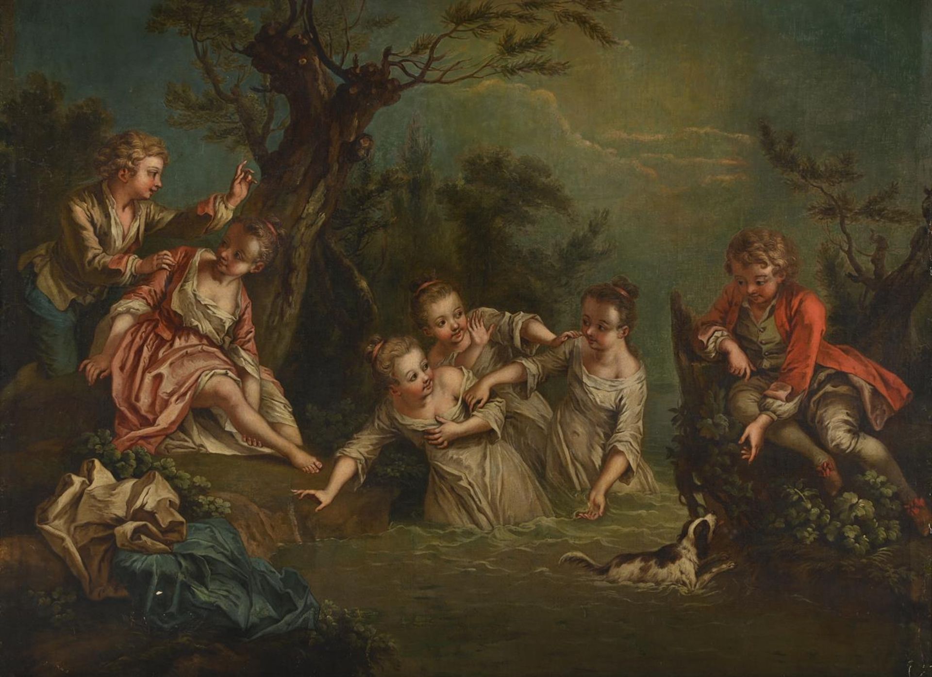 FOLLOWER OF NICOLAS LANCRET, CHILDREN PLAYING WITH A SPANIEL IN A STREAM