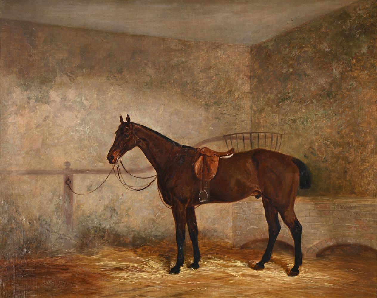 JAMES WALSHAM BALDOCK (BRITISH 1822-1898), A SADDLED BAY RACEHORSE IN A STABLE