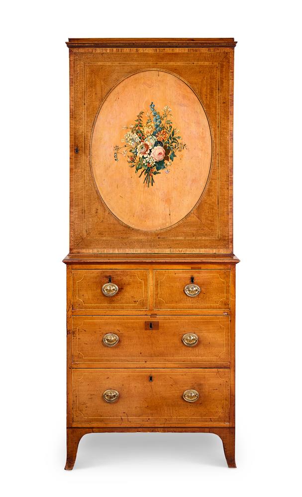 Y AN GEORGE III FIDDLEBACK MAHOGANY, SYCAMORE AND TULIPWOOD CABINET-ON-CHEST