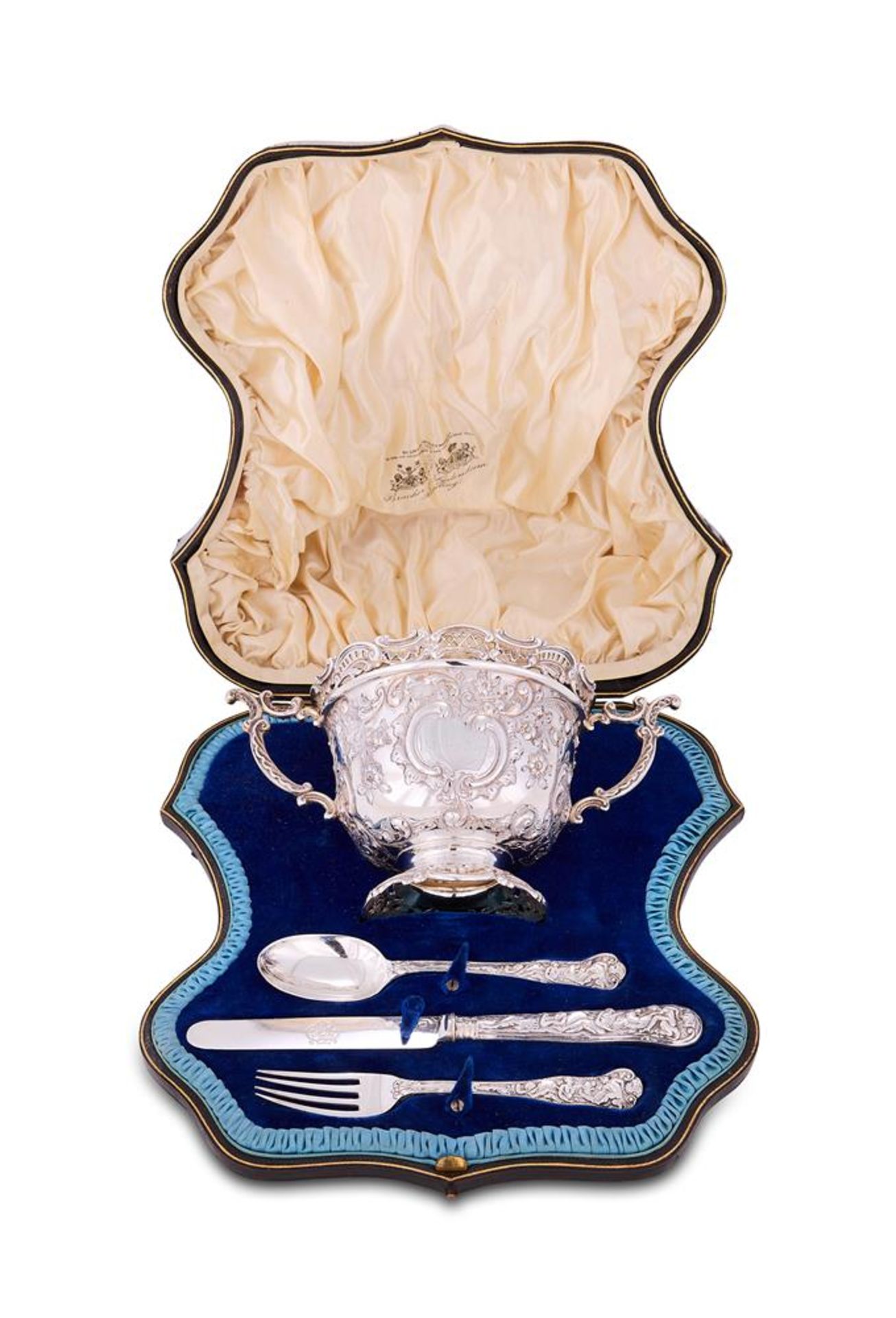 A CASED VICTORIAN CHRISTENING SILVER TWIN HANDLED BOWL, KNIFE, FORK AND SPOON
