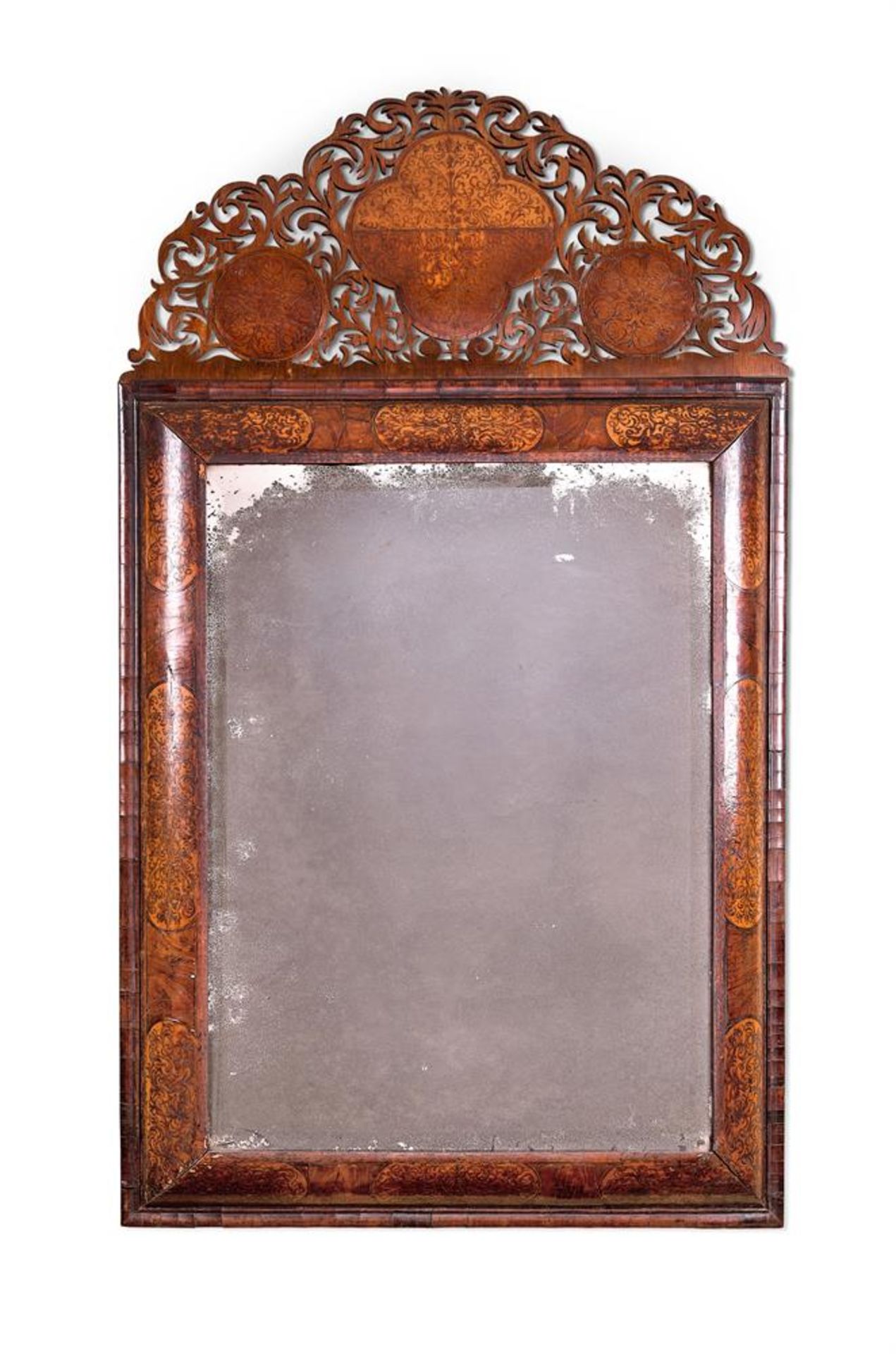 A WILLIAM AND MARY WALNUT AND SEAWEED MARQUETRY CUSHION-FRAMED MIRROR LATE 17TH CENTURY