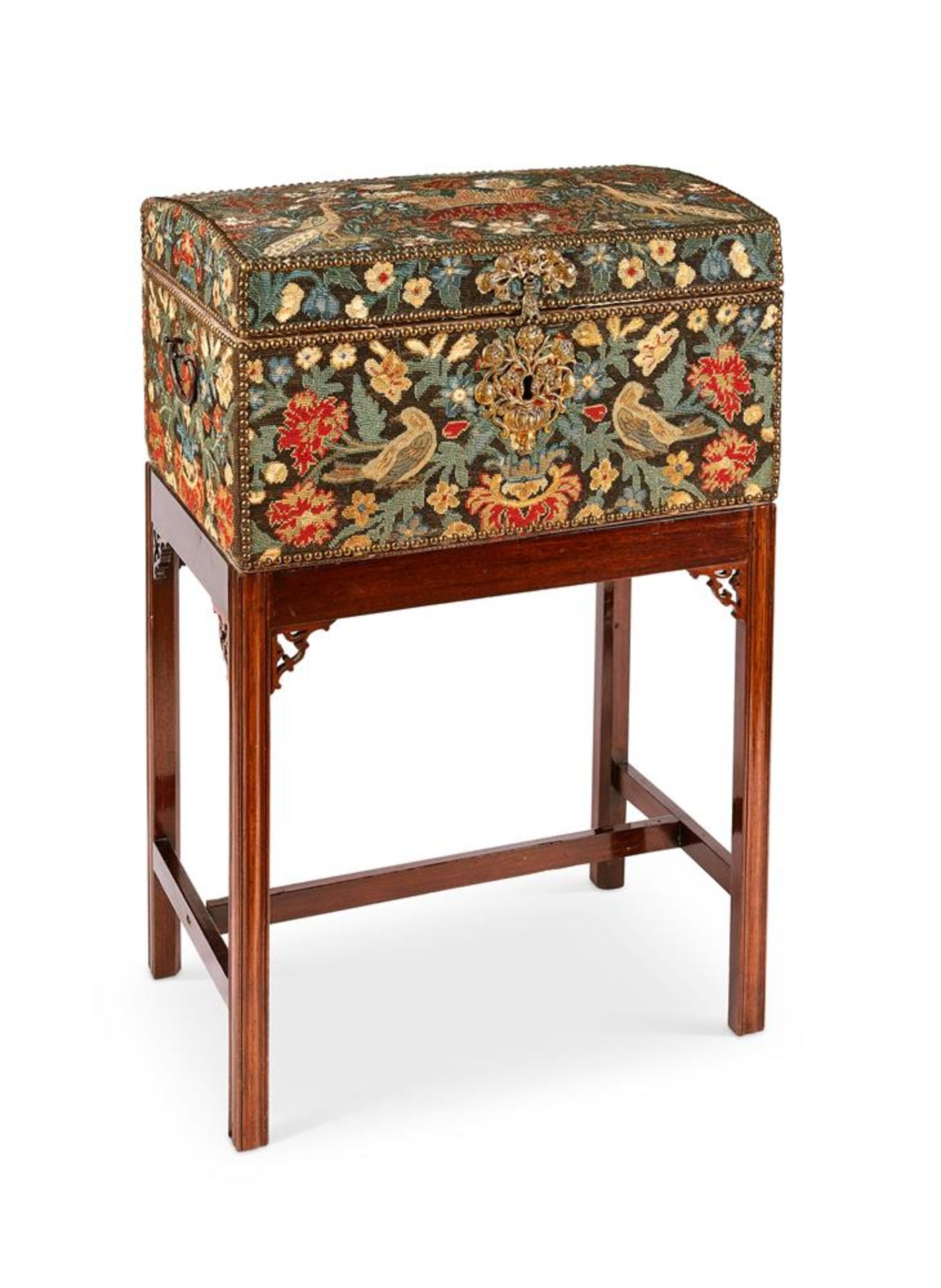 A GEORGE I GROS AND PETIT POINT NEEDLEWORK DOMED COFFER ON LATER STAND CIRCA 1720