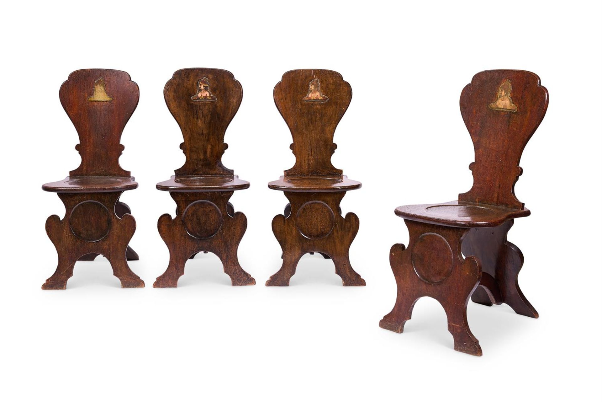 A SET OF FOUR GEORGE II OAK `SGABELLO' HALL CHAIRS MID-18TH CENTURY