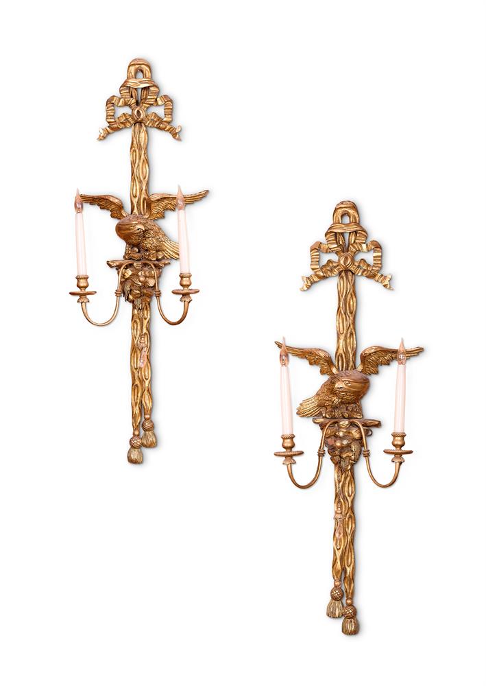 A PAIR OF GEORGE III STYLE GILTWOOD TWIN BRANCH WALL-LIGHTS EARLY 20TH CENTURY