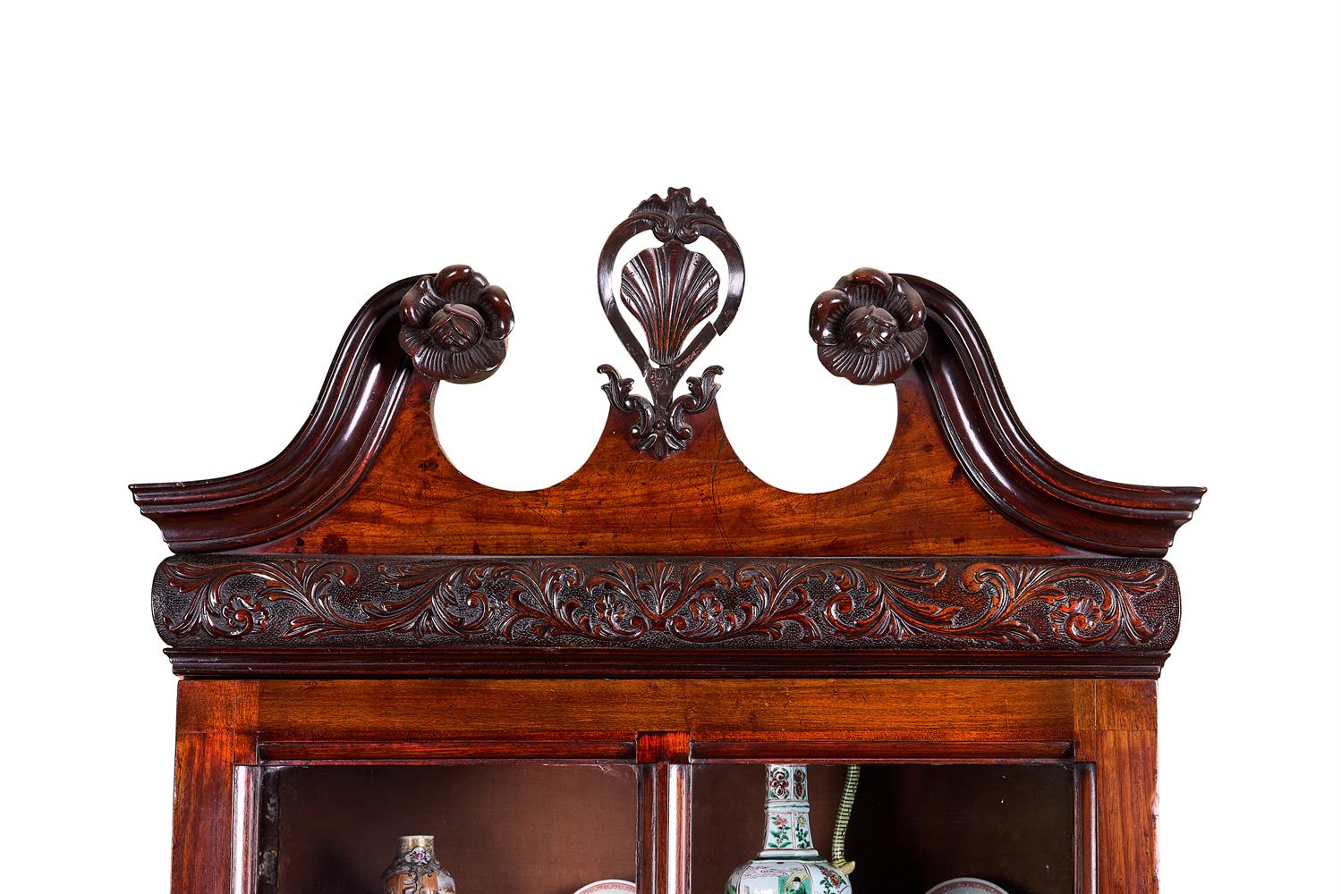 A MAHOGANY DISPLAY CABINET OF IRISH GEORGE III STYLE18TH CENTURY AND LATERThe scrolled pediment ca - Image 2 of 2