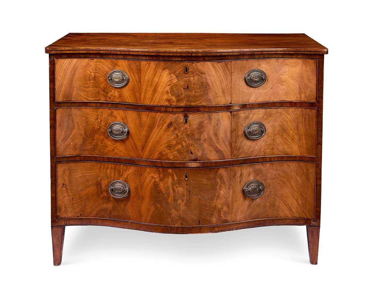 A GEORGE III MAHOGANY AND SATINWOOD SERPENTINE CHEST LATE 18TH CENTURY