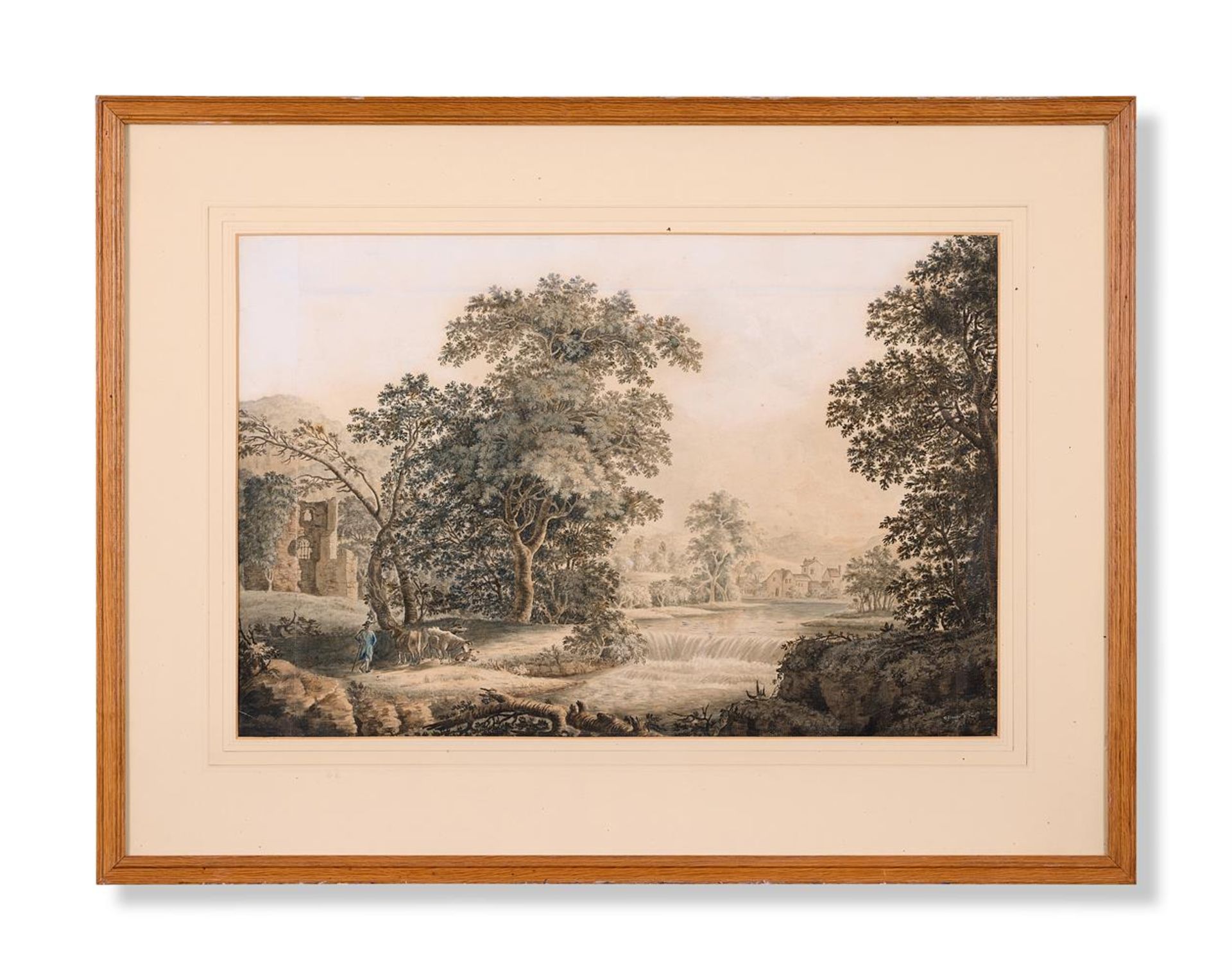 G. BREWSTER (BRITISH 18TH CENTURY), A WOODED LANDSCAPE WITH A DROVER AND CATTLE BEFORE A RUIN