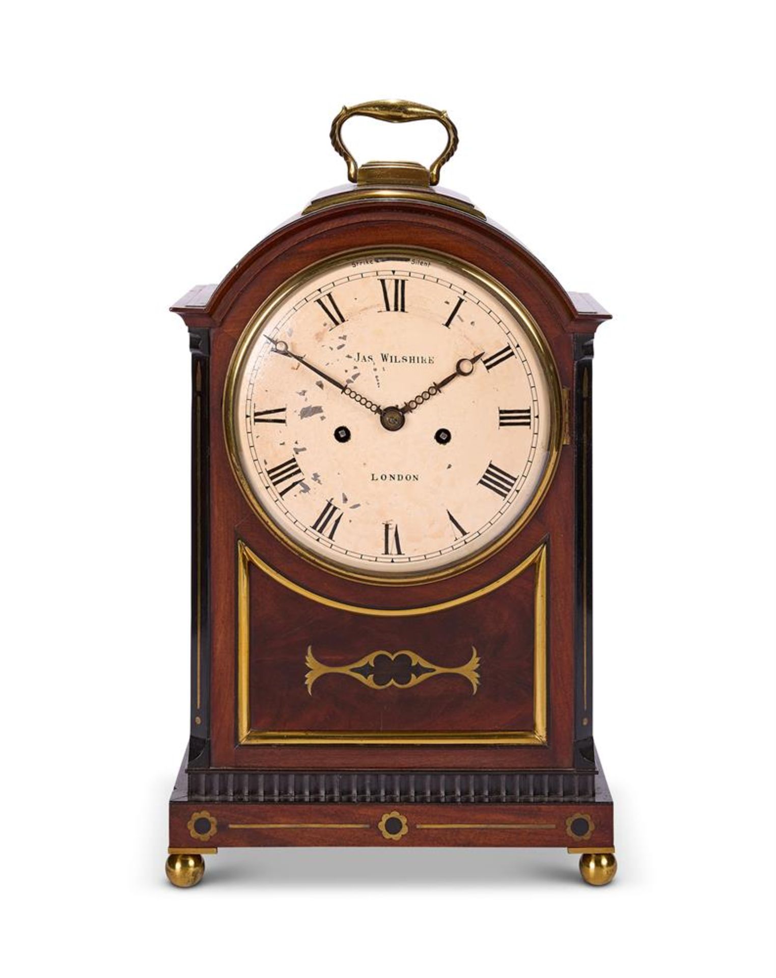 A REGENCY BRASS AND EBONY-MOUNTED MAHOGANY BRACKET CLOCK THE DIAL SIGNED FOR JAMES WILSHIRE