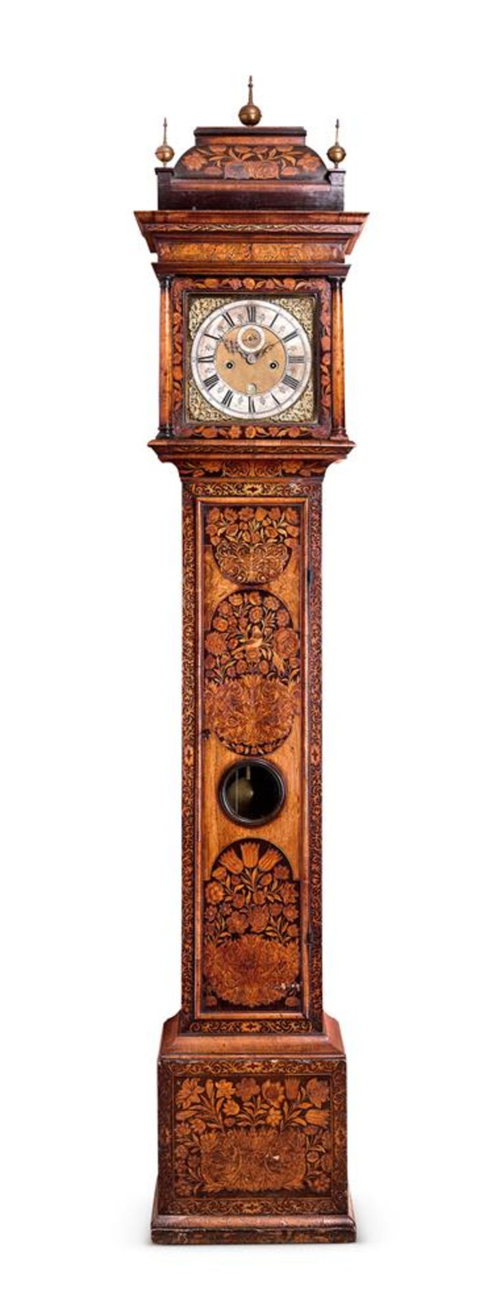 A WILLIAM III/QUEEN-ANNE WALNUT AND FLORAL MARQUETRY EIGHT-DAY LONGCASE CLOCK JOSEPH WINDMILLS