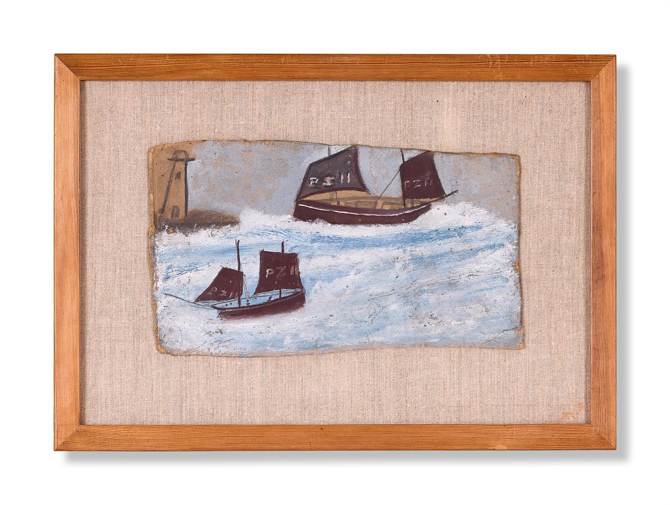 ALFRED WALLIS (BRITISH 1855-1942), TWO FISHING BOATS AND A LIGHTHOUSE