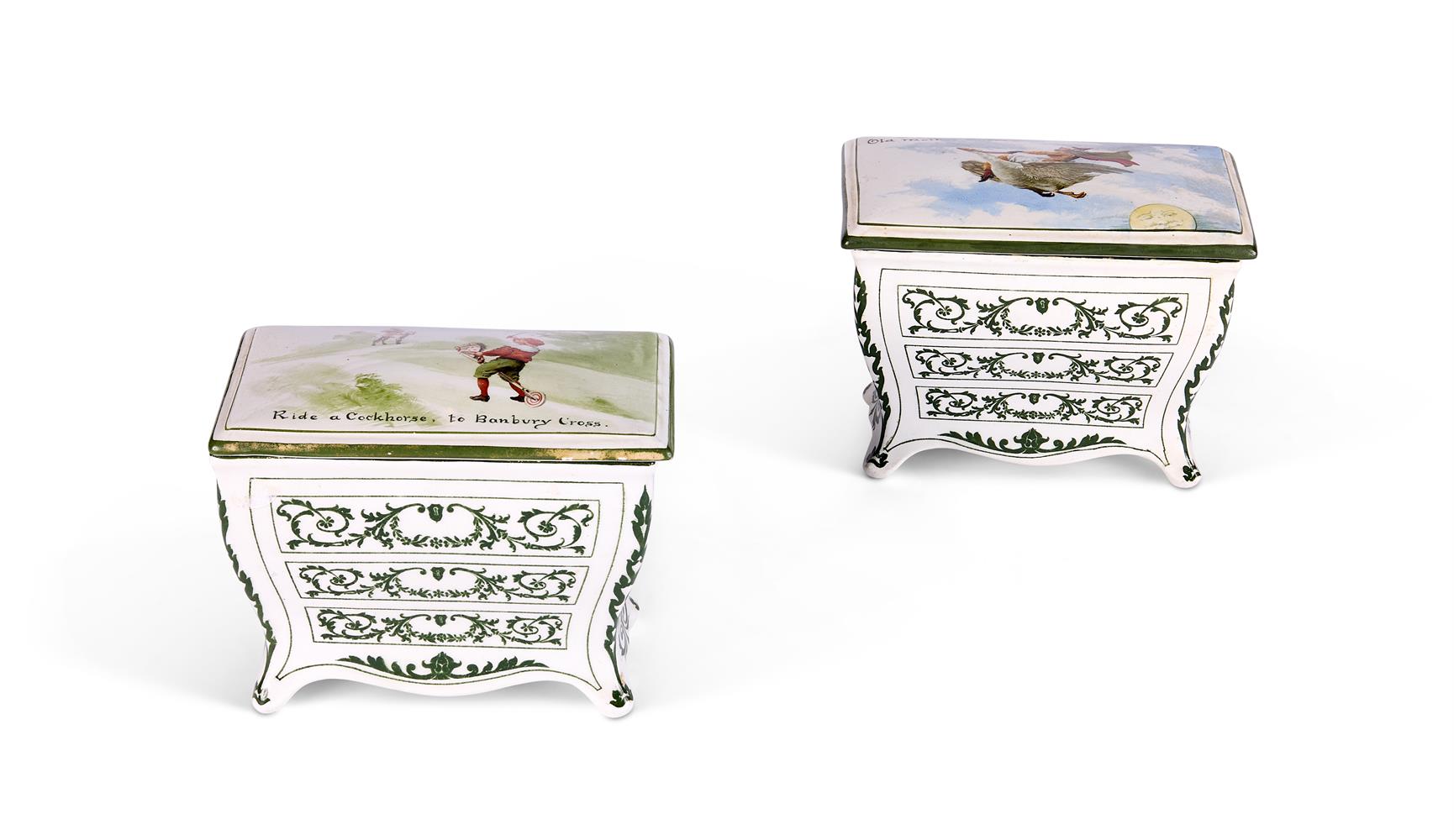 A PAIR OF ROYAL DOULTON POTTERY NURSERY RHYME BISCUIT BOXES FOR HUNTLEY AND PALMER CIRCA 1905