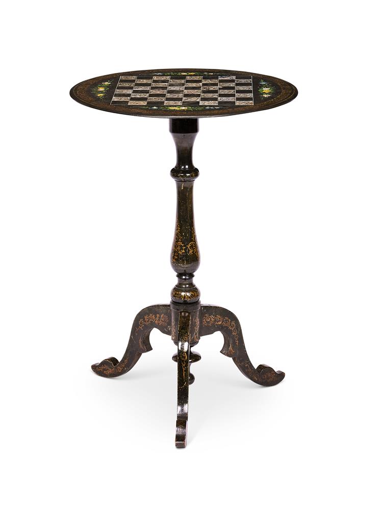 A VICTORIAN EBONISED , GILT AND POLYCHROME SLATE TOP CHESS TABLE CIRCA 1880