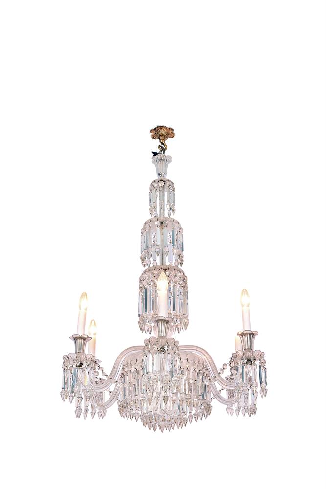 A CUT GLASS SIX LIGHT CHANDELIER IN THE REGENCY MANNER 20TH CENTURY