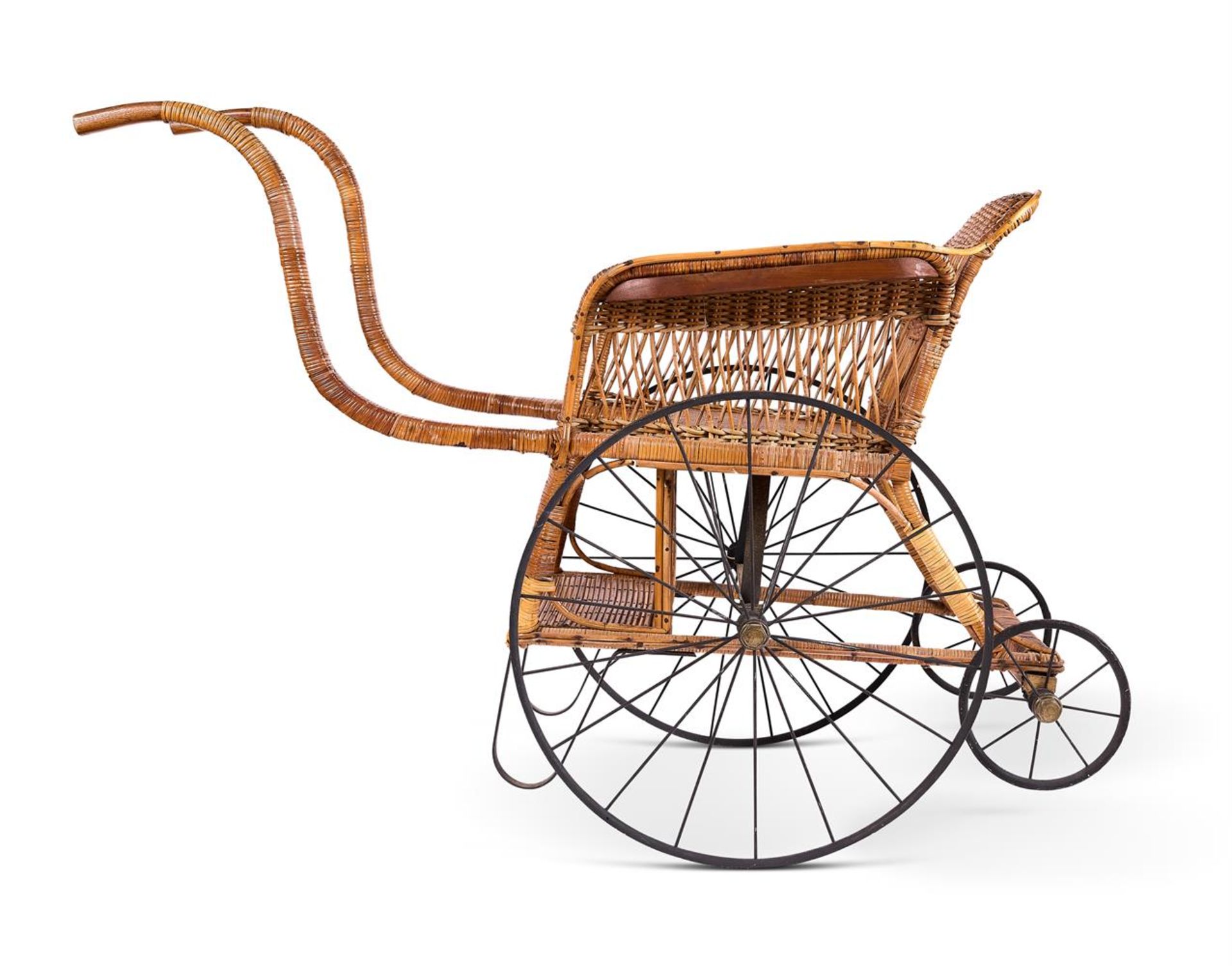 A LATE VICTORIAN WICKER PUSH CHAIR CIRCA 1900