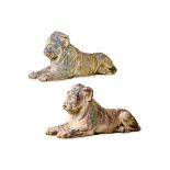 A PAIR OF ARTIFICIAL STONE MODELS OF RECUMBENT LIONESSES AFTER COADE