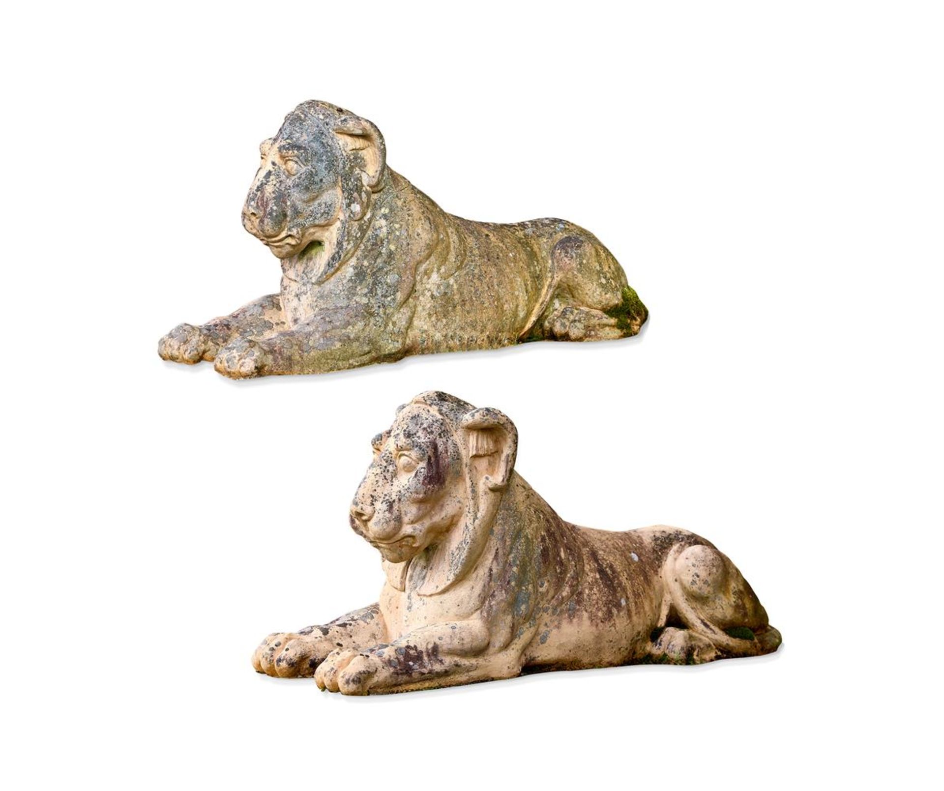 A PAIR OF FRENCH TERRACOTTA RECUMBENT LIONS 19TH CENTURY