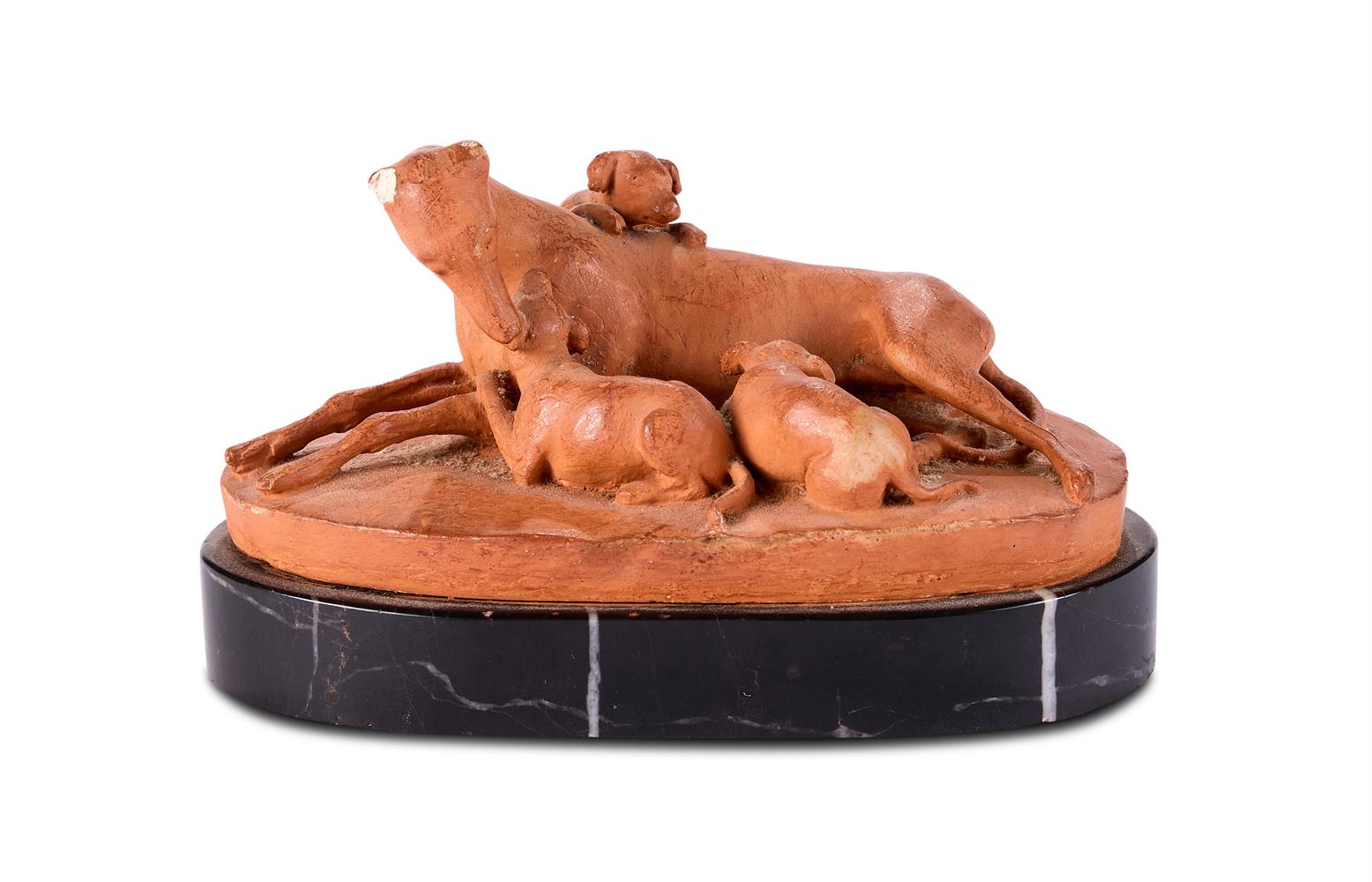 JOSEPH GOTT (BRITISH, 1786-1860) A TERRACOTTA GROUP OF A DOG WITH HER THREE YOUNG PUPPIES