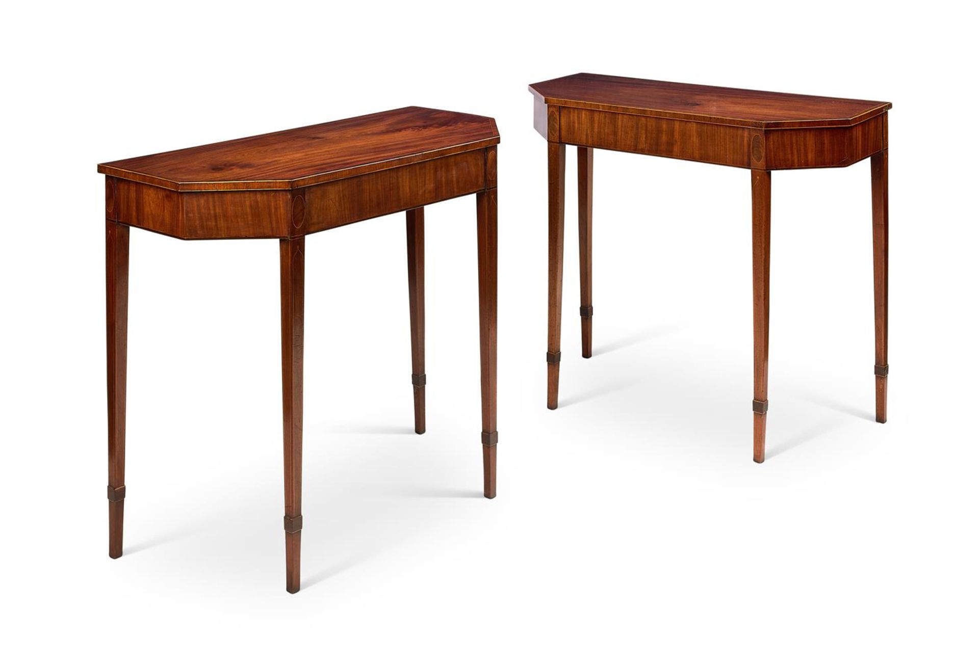 A PAIR OF GEORGE III MAHOGANY AND BOXWOOD-LINED SIDE TABLES