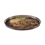 A SHEFFIELD PLATE MOUNTED TÔLE PEINTE TWIN HANDLED OVAL TRAY MID 19TH CENTURY