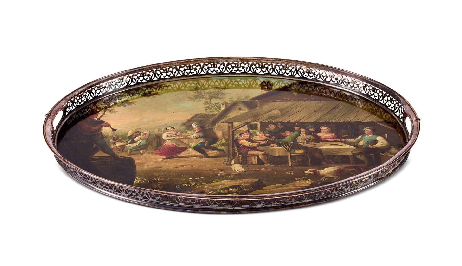 A SHEFFIELD PLATE MOUNTED TÔLE PEINTE TWIN HANDLED OVAL TRAY MID 19TH CENTURY