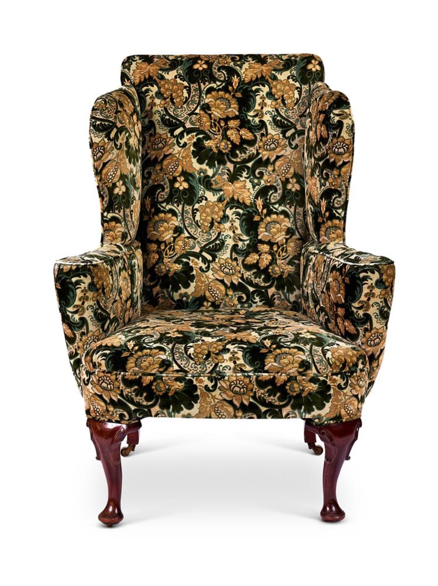 A WALNUT AND FLORAL TAPESTRY UPHOLSTERED WING ARMCHAIR OF GEORGE I STYLE - Image 2 of 3
