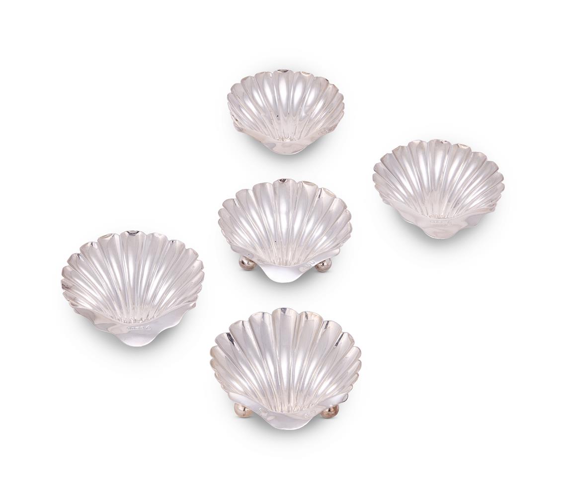 FIVE SILVER SHELL SHAPED BUTTER DISHES VARIOUS MAKER'S AND DATES