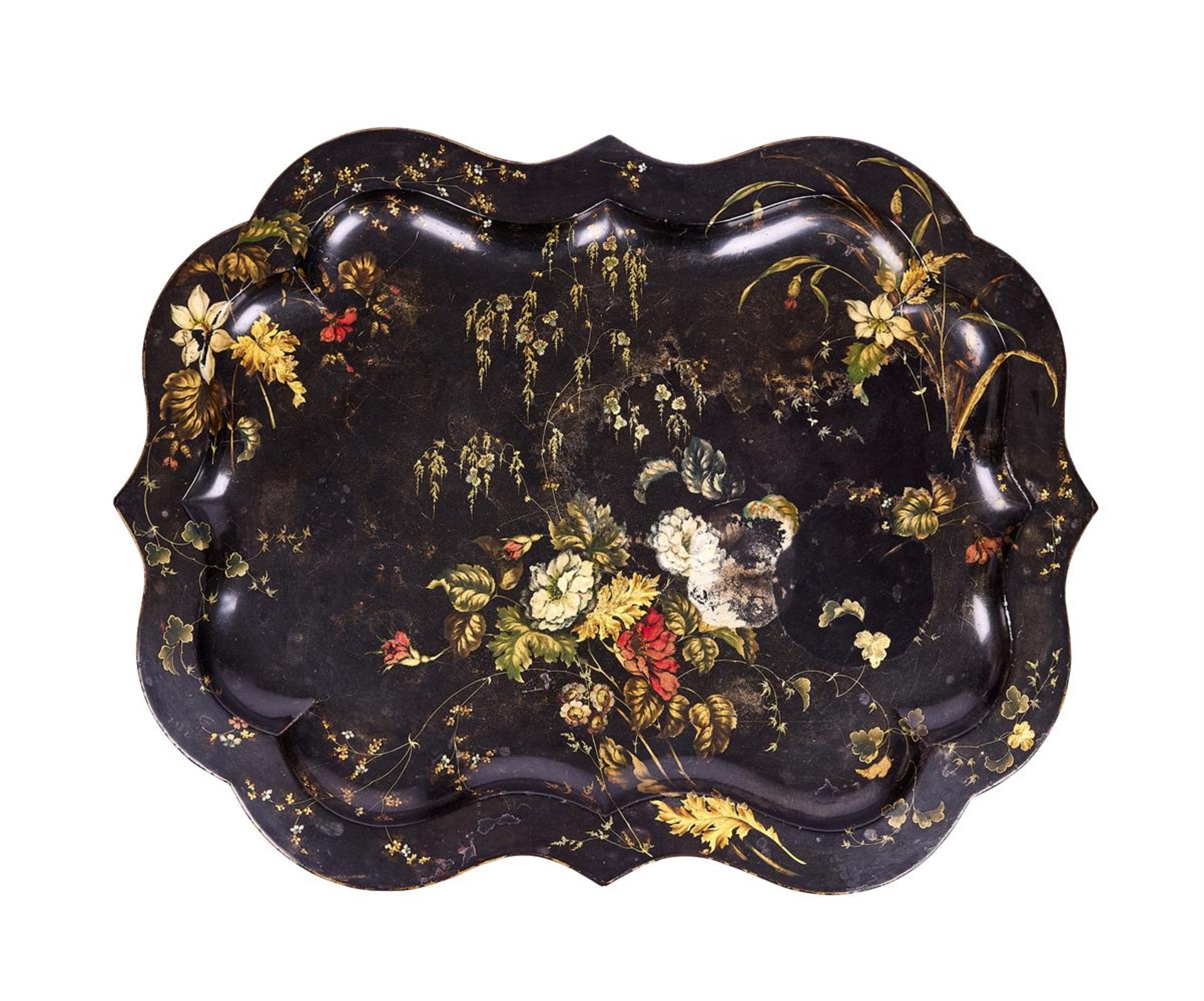 A VICTORIAN PARCEL GILT, POLYCHROME AND BLACK TÔLE PEINTE TRAY 19TH CENTURY - Image 2 of 2