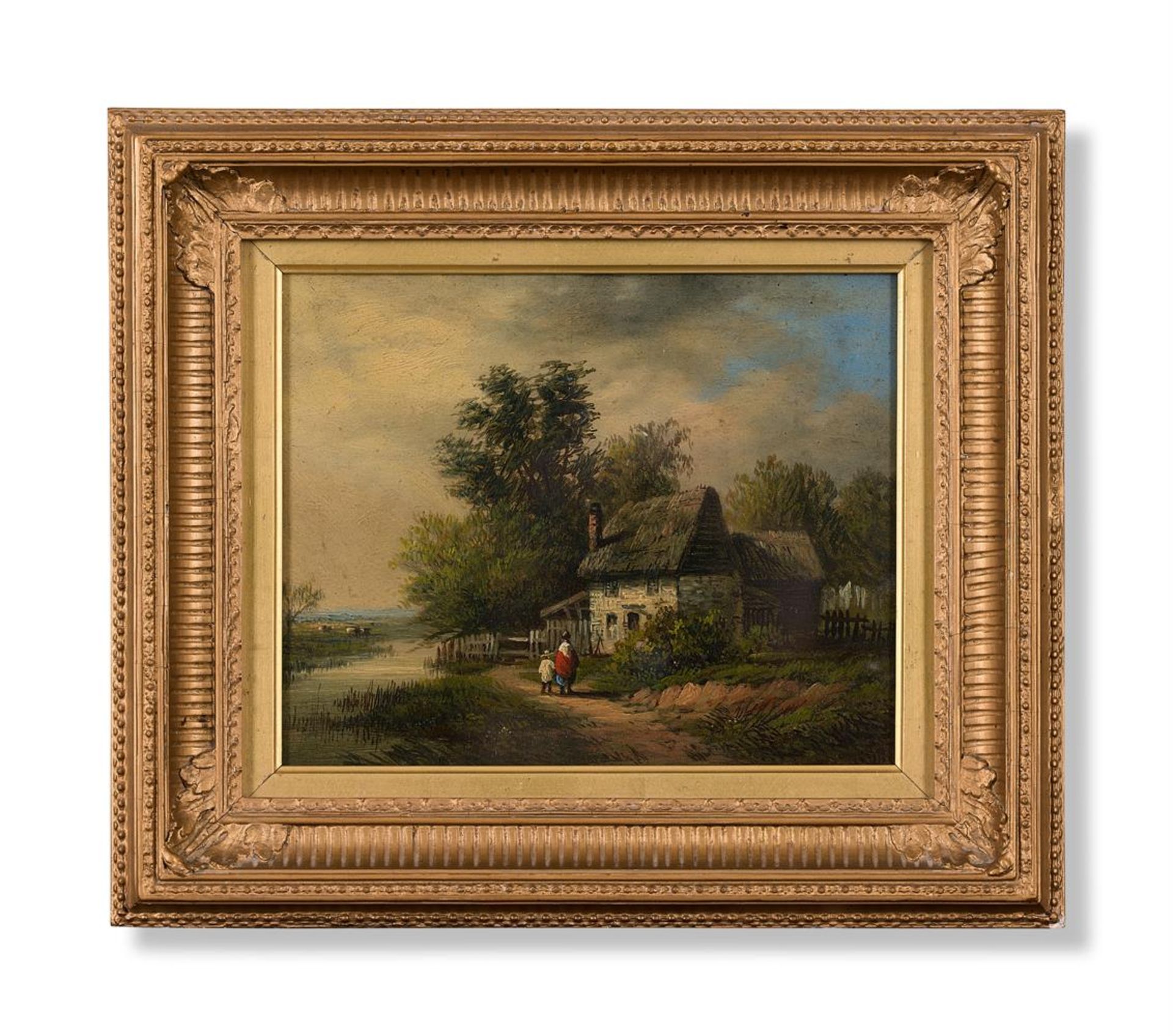 ENGLISH SCHOOL (19TH CENTURY), A WOODED LANDSCAPE WITH FIGURES ON A TRACK BY A COTTAGE