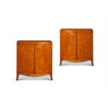 Y A PAIR OF EDWARDIAN SATINWOOD AND EBONY-LINE INLAID BOWFRONT SIDE CABINETS EARLY 20TH CENTURY